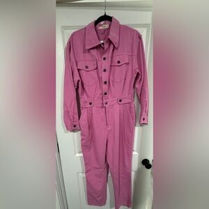 Molly Green Mia Bubblegum Pink Denim Jumpsuit‎ Utility Button Front Medium